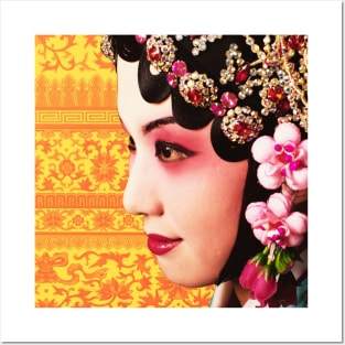 Chinese Opera Star with Yellow & Orange Traditional Floral Pattern- Hong Kong Retro Posters and Art